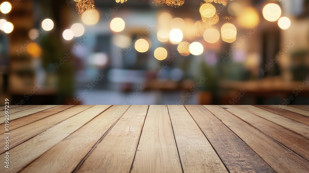 Poster wooden tabletop for product display in festive setting with soft blurred lights creating a warm ambi