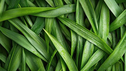 Fototapeta premium Fresh green grass blades with water droplets in a close-up nature background highlighting dew and lush vegetation textures.