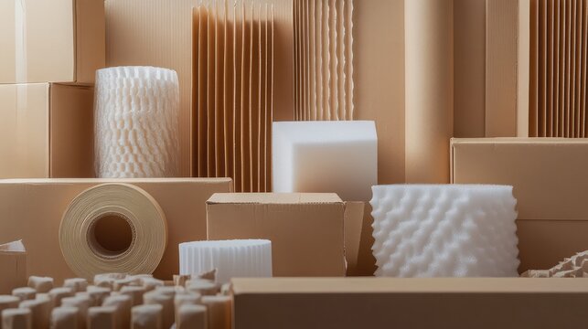 Packing materials including cardboard boxes, tape, and cushioning foam for safe shipping and storage applications.