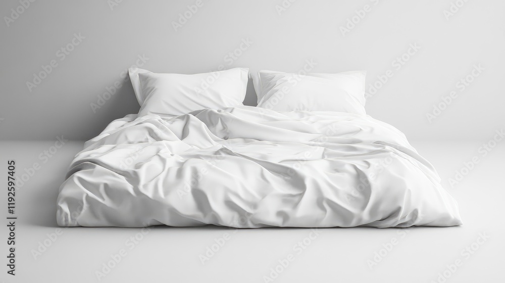 Poster Crumpled white bedding on a minimalist bed setting with two pillows in a serene and clean environment. Ideal for relaxation themes.