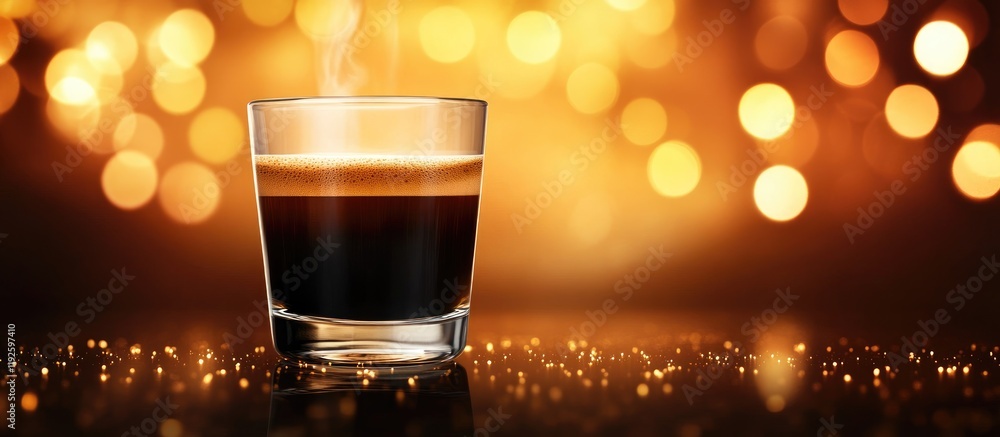 Poster espresso coffee cup on blurred bokeh background with warm tones and space for custom text in a cozy 