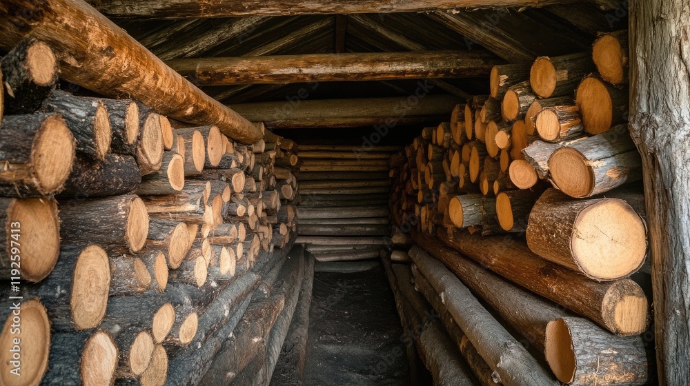 Poster Cross section of neatly stacked logs in a rustic wooden shelter showcasing natural textures and organic architecture