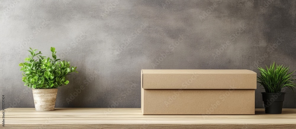 Poster box with roller blinds placed on a wooden desk with potted plants and empty space for text or brandi