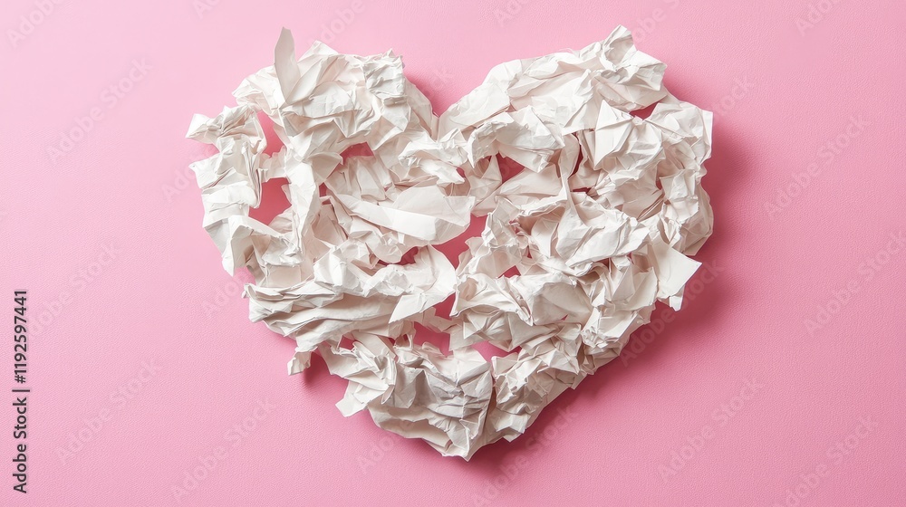 Aufkleber crumpled heart shaped paper on pink background creating a unique and artistic valentine card concept