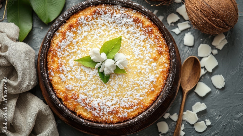 Aufkleber coconut cake served in a rustic dish surrounded by fresh coconuts and ingredients on a textured tabl