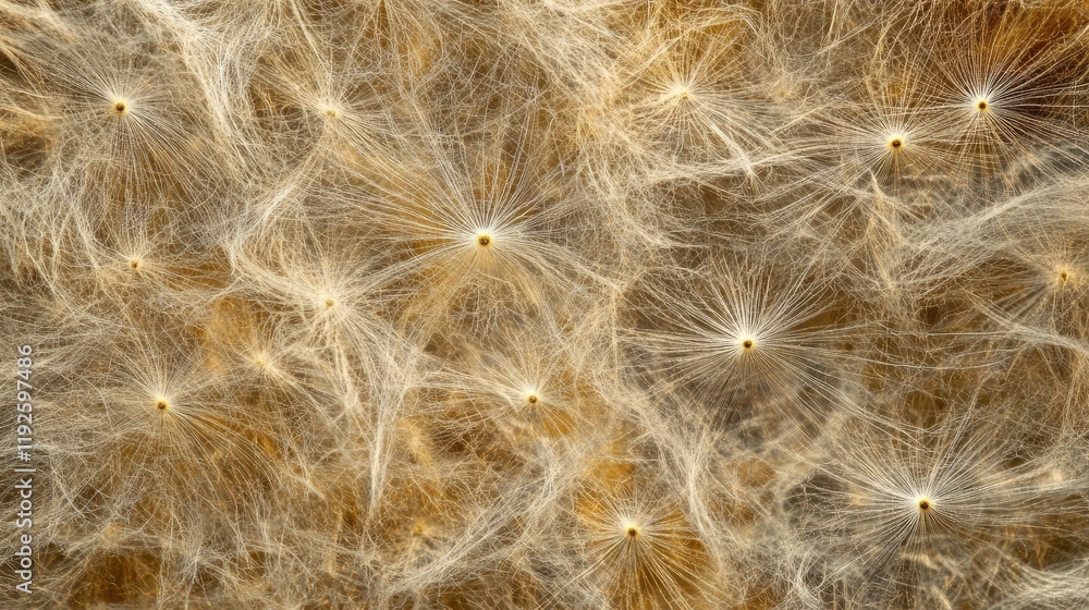 Poster intricate macro view of dandelion seeds creating a textured natural pattern in soft light