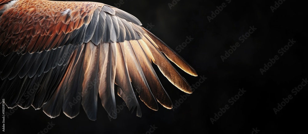 Poster falcon bird wing detail in flight with rich feather texture and smooth dark background for text over
