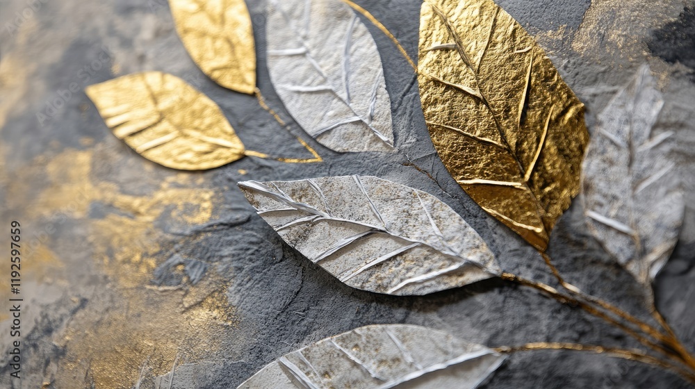 Poster Textured two dimensional artwork featuring gold and grey leaf motifs with intertextual elements showcasing intricate paper craftsmanship