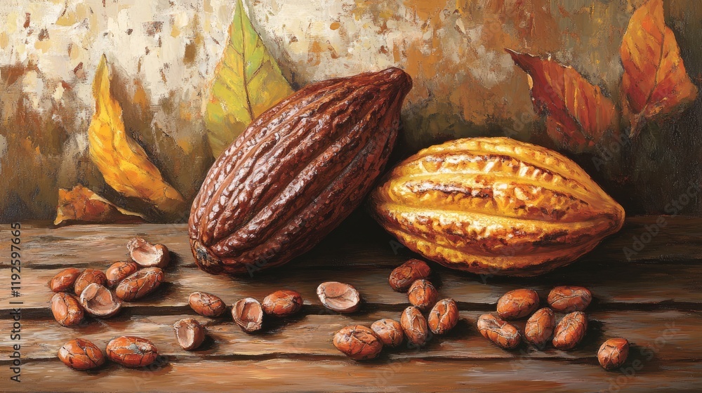 Poster Cocoa beans and pods displayed on a rustic wooden surface with autumn leaves in the background showcasing the beauty of nature's harvest.