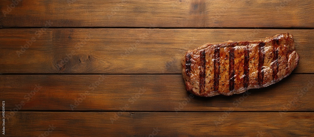 Poster Grilled steak on rustic wooden table with ample space for personalized text and branding opportunities