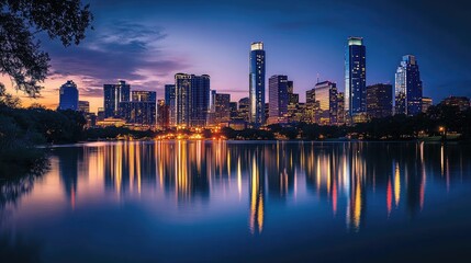 Fototapeta premium Panoramic view of a vibrant city skyline at dusk with reflections on a tranquil lake surface in a serene urban setting