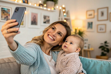 Blogger mom taking a selfie with her baby at home