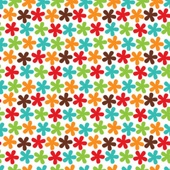 Colorful retro seamless pattern with rows of stylized flowers—ideal for 70s-inspired fabric, bold wallpaper, kids’ prints, and vibrant decorative projects.