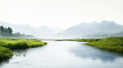 big beautiful river flows through lush alpine meadow, surrounded by majestic mountains and serene greenery, creating peaceful and tranquil landscape