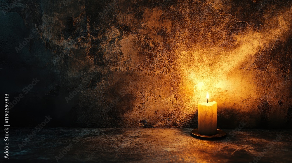 Poster candle casting warm light against a textured wall creating a serene and atmospheric ambiance in a da