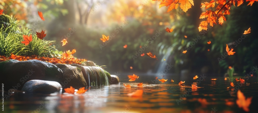 Poster autumn leaves gently floating on a serene stream with vibrant colors and a tranquil pond setting ide