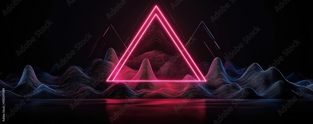 Poster triangle abstract background idea. a vibrant neon triangle surrounded by flowing waves of light in a