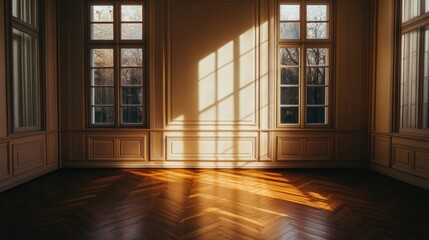 A serene empty room with warm wooden floors, soft sunlight streaming through a window, and a simple blank wall.
