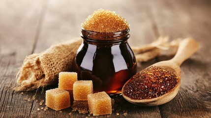 Cane sugar and molasses in a glass jar with wooden spoon and rustic background showcasing natural sweeteners cooking ingredients