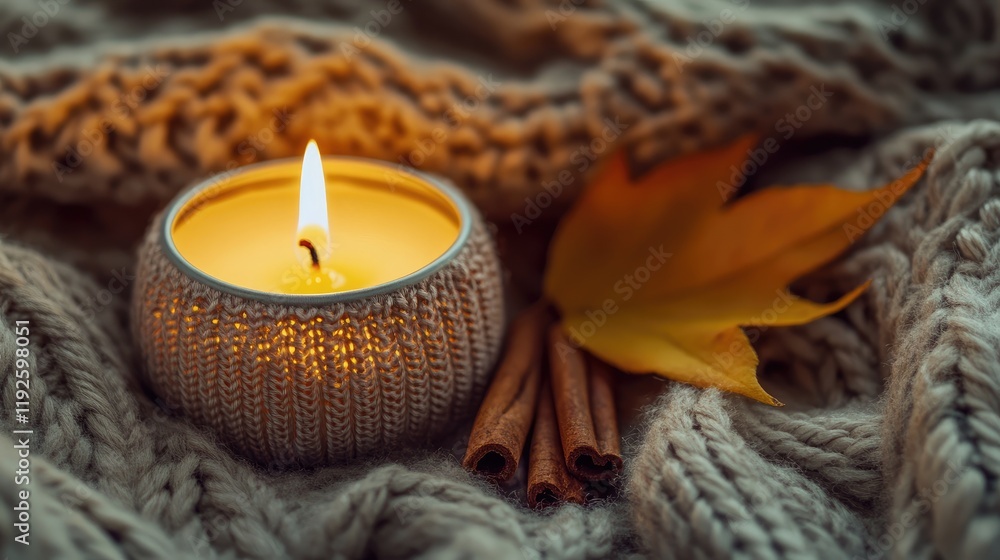Poster cozy candle with cinnamon sticks and autumn leaves against a warm knitted background creating a tran