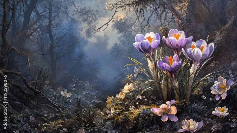 Poster Crocus vernus blooming in an enchanted forest with soft light casting a mystical glow on delicate flowers and lush foliage