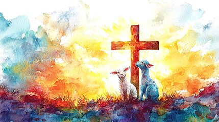 Watercolor Painting of Two Lambs at Sunset with a Cross in the Background.