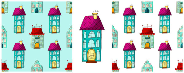 Houses. Set city seamless patterns. Pattern in hand draw style