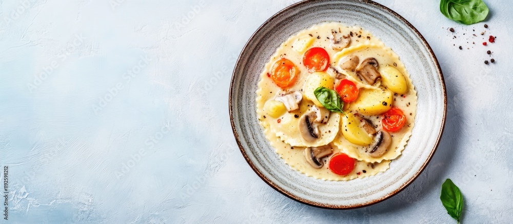 Poster plate of gourmet stuffed ravioli with mushrooms and potatoes in creamy sauce on a blue background wi