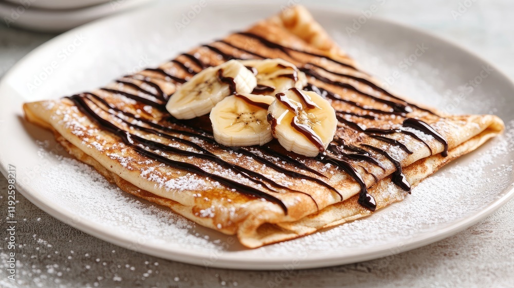 Poster delicious thin pancake with banana and chocolate topping drizzled with caramel syrup served on a pla