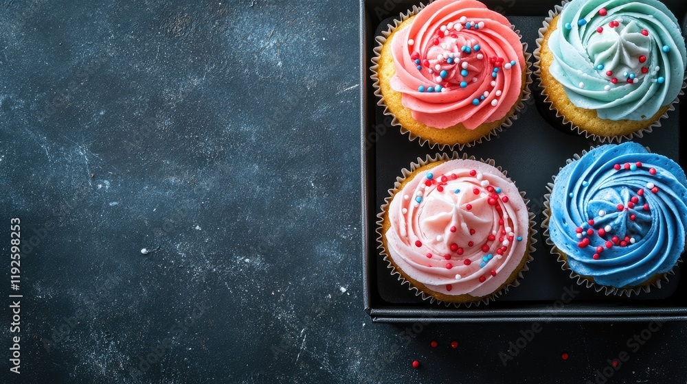 Poster box of colorful cupcakes in red white and blue colors with empty space for text on a dark textured b