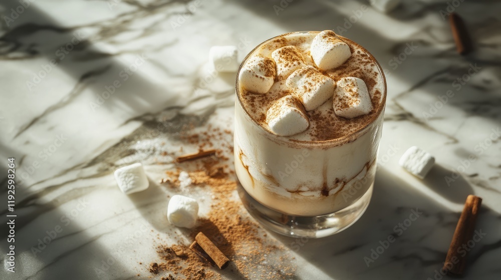 Aufkleber Rich cocoa drink topped with fluffy marshmallows and a sprinkle of cinnamon on a marble surface. Perfect for cozy winter moments.