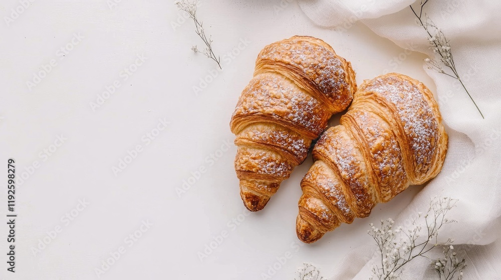 Poster freshly baked croissants with delicate dusting of sugar on a light background perfect for bakery or 