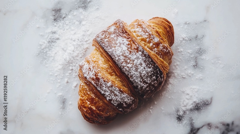 Poster Freshly baked croissant with powdered sugar on a marble surface creating an elegant and appetizing food composition