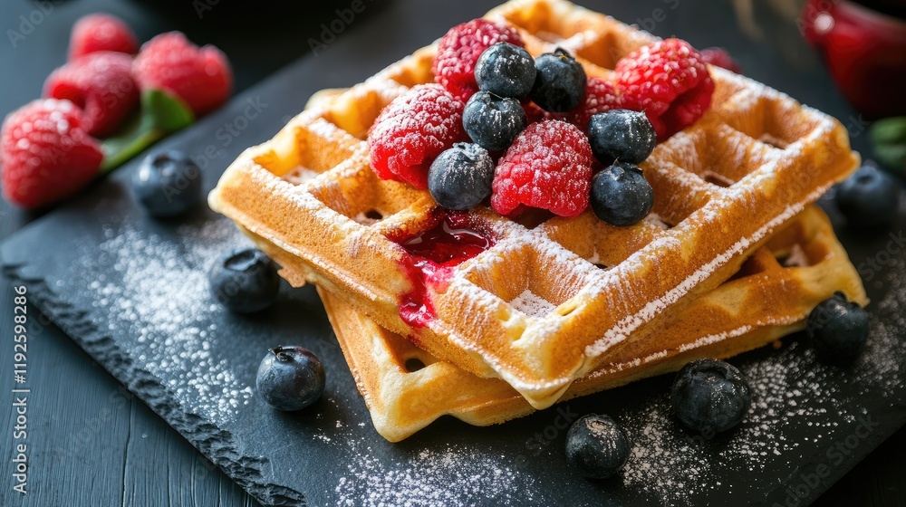 Poster Waffles topped with fresh berries and powdered sugar on a dark slate background perfect for breakfast or brunch photography