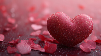 Obraz premium Romantic Valentine's Day Background with Dewy Red Heart and Petals