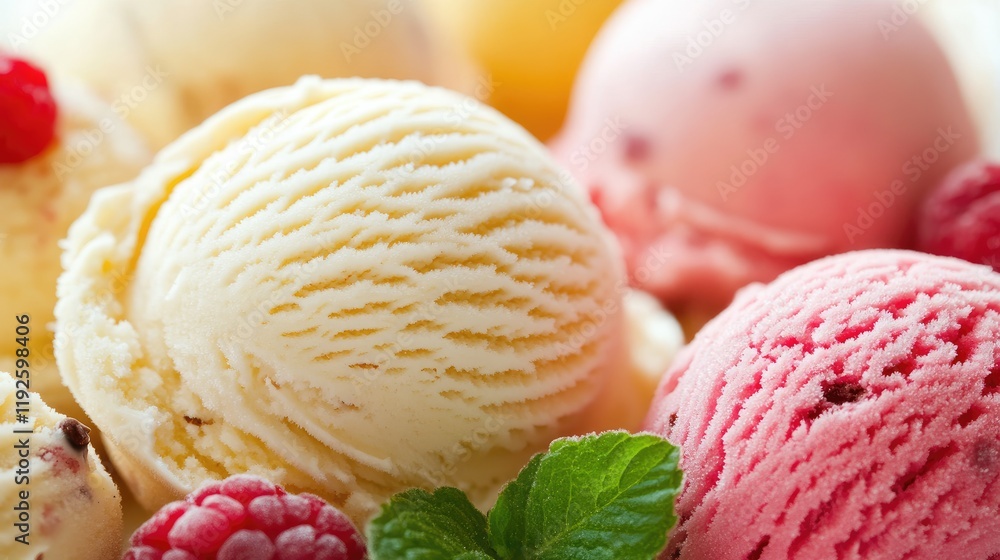 Poster colorful assorted ice cream scoops with fresh berries and mint garnish in a delightful dessert prese