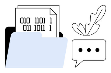 Folder with binary code papers, speech bubble with ellipses, and abstract leaf. Ideal for data management, coding, digital communication, organization, technology, information sharing modern design