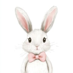 Obraz premium Cute illustrated white rabbit wearing a pink bow tie standing against a plain background. Generative AI