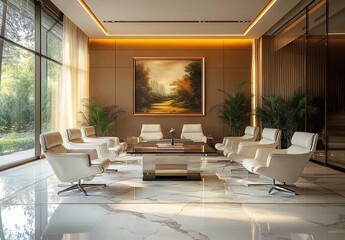 Fototapeta premium A modern luxury office with large windows, white leather chairs, and marble floors.