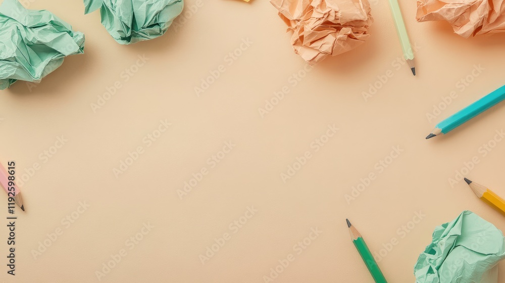 Poster pastel stationery and crumpled paper texture on a soft beige background for creative and artistic pr