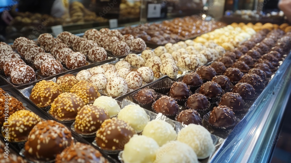 Aufkleber assorted gourmet chocolate truffles displayed in a confectionery shop with rich textures and varied 