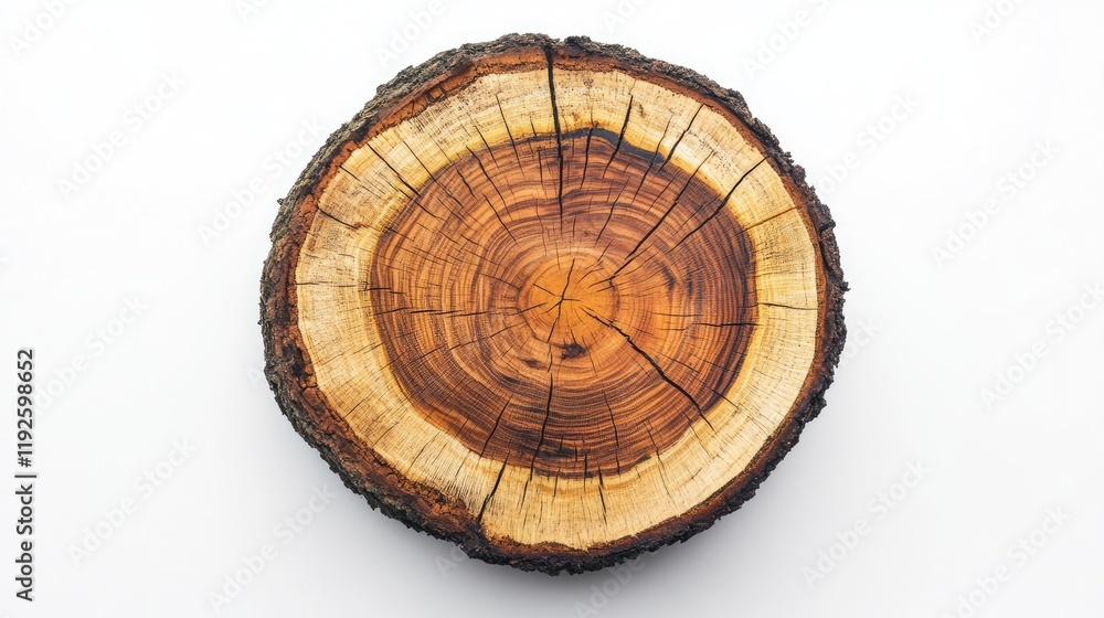 Aufkleber detailed cross section of a tree trunk showcasing growth rings and texture on a white background for