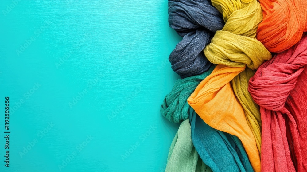 Poster vibrant and colorful fashion fabrics stylishly arranged on tiled background with space for text and 