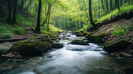 Obraz premium Serene mountain creek flowing through lush green forest with vibrant foliage and smooth water creating a tranquil natural landscape.