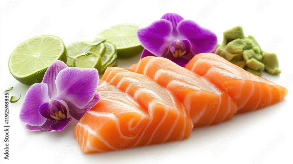 Poster fresh salmon sashimi elegantly garnished with vibrant orchids and lime slices on a white background