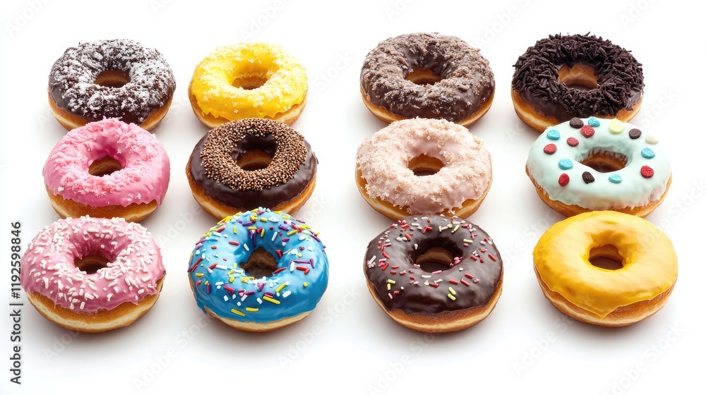 Poster colorful assortment of donuts with various toppings arranged in rows on a white background for a del