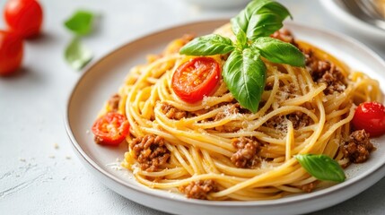 Classic Bolognese pasta dish with tomatoes and basil garnished on a plate served on a light background for culinary presentations