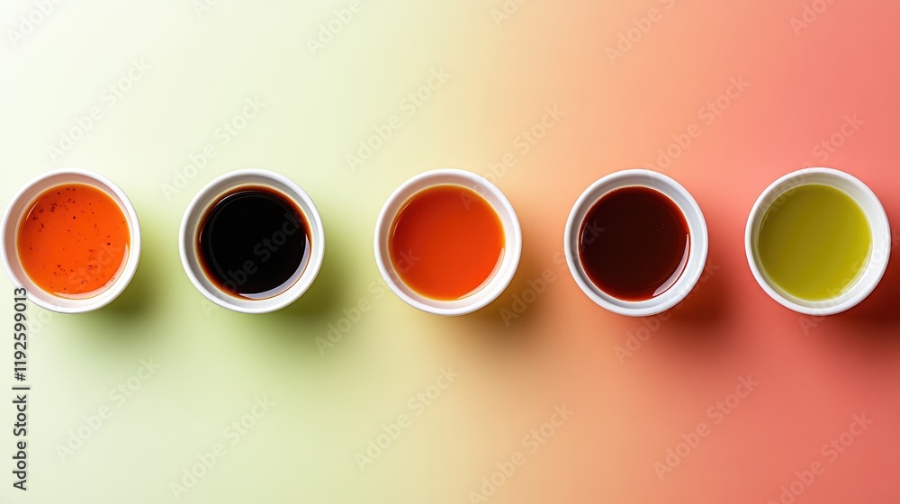 Aufkleber assorted sauces in bowls on gradient background with empty space for text or branding use