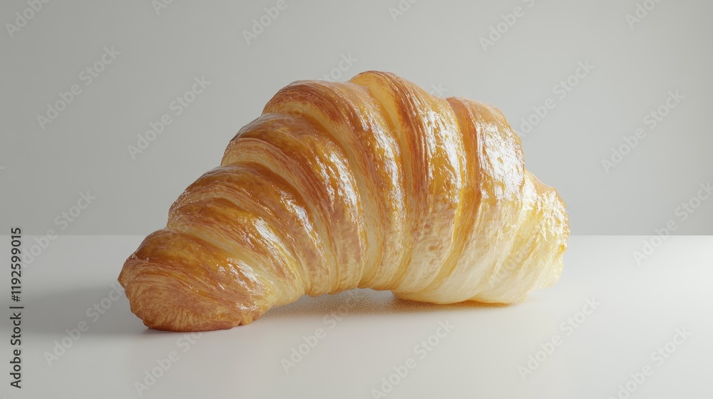 Poster golden flaky croissant on a smooth surface with a minimalist white background showcasing its texture