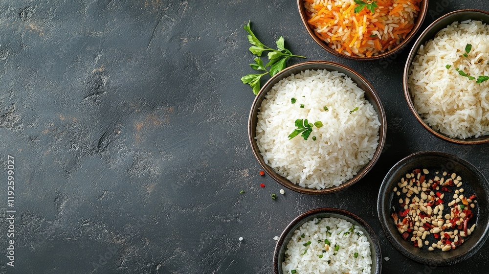 Poster assorted bowls of rice with herbs and spices on dark textured background for menu or culinary design